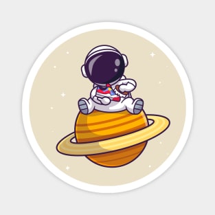 Cute Astronaut Brushing Shoes On Planet Cartoon Magnet